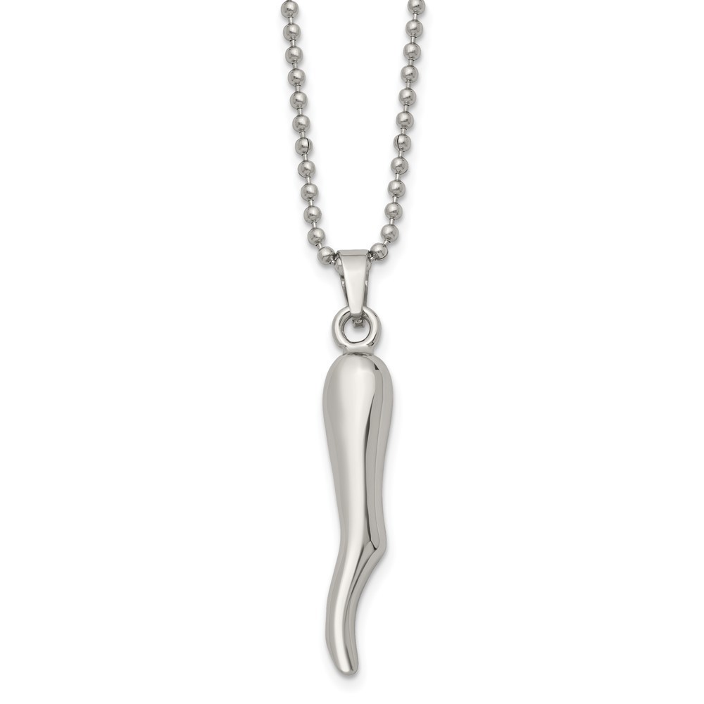 Stainless Steel Italian Horn Cornicello Pendant 22" Ball Chain Necklace